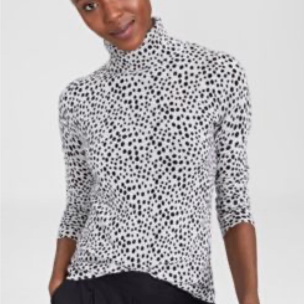 Charter Club Luxury Black and White Polka Dot 100% Cashmere Turtleneck Large